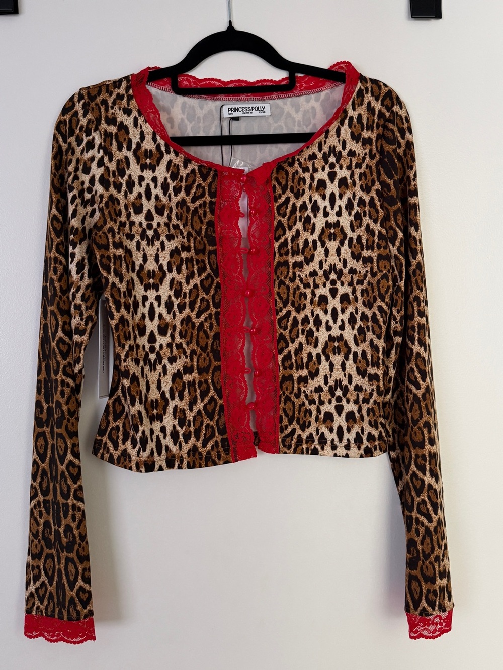 NWT Princess Polly | Leopard Crop Top with Red Lace Trim